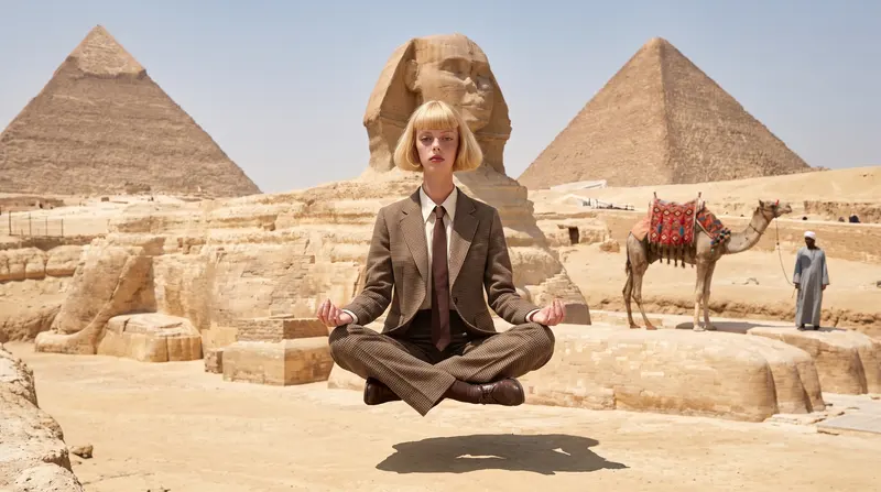 Julie levitating in front of the Sphinx and the pyramids