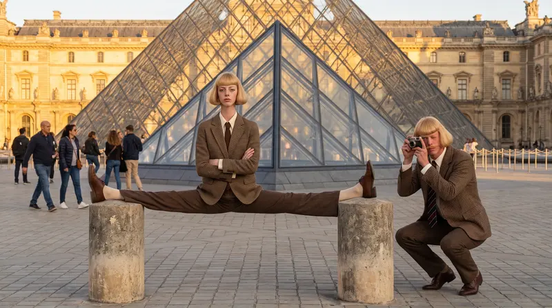 Julie doing the splits at the Louvre while Jean takes a photo