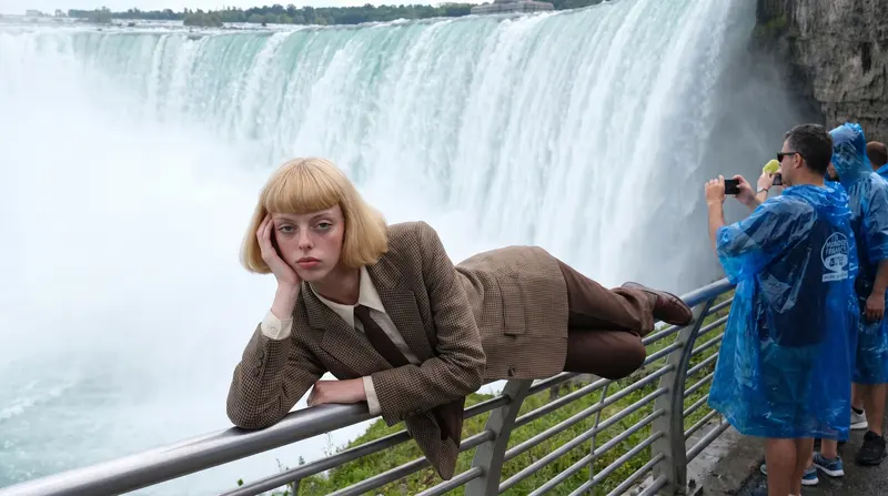 Julie lounging on the railing at Niagara Falls