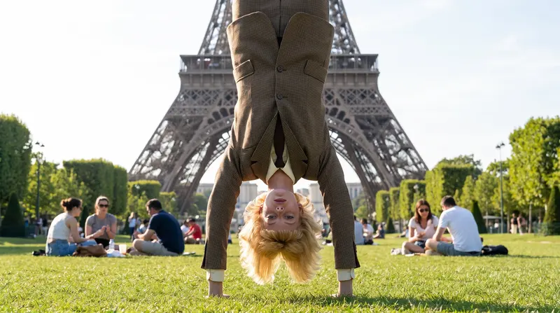Julie doing a handstand under the Eiffel Tower