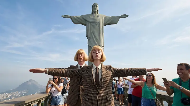 Julie and Jean posing under Christ the Redeemer
