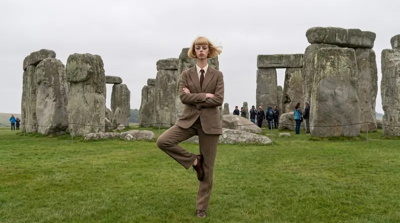 Julie in a tree pose at Stonehenge
