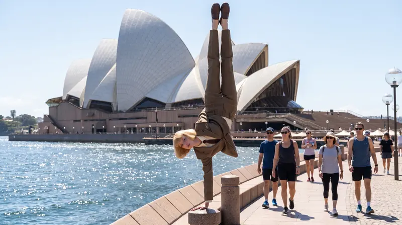 Julie doing a handstand by the Sydney Opera House