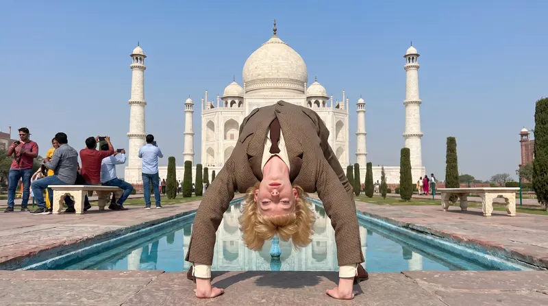 Julie in a backbend at the Taj Mahal