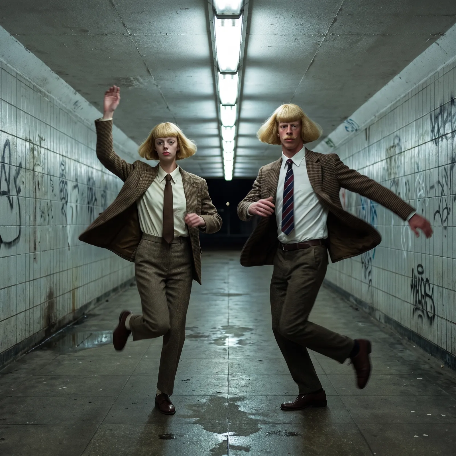 Jean and Julie Phil dancing in a tunnel in matching tweed suits