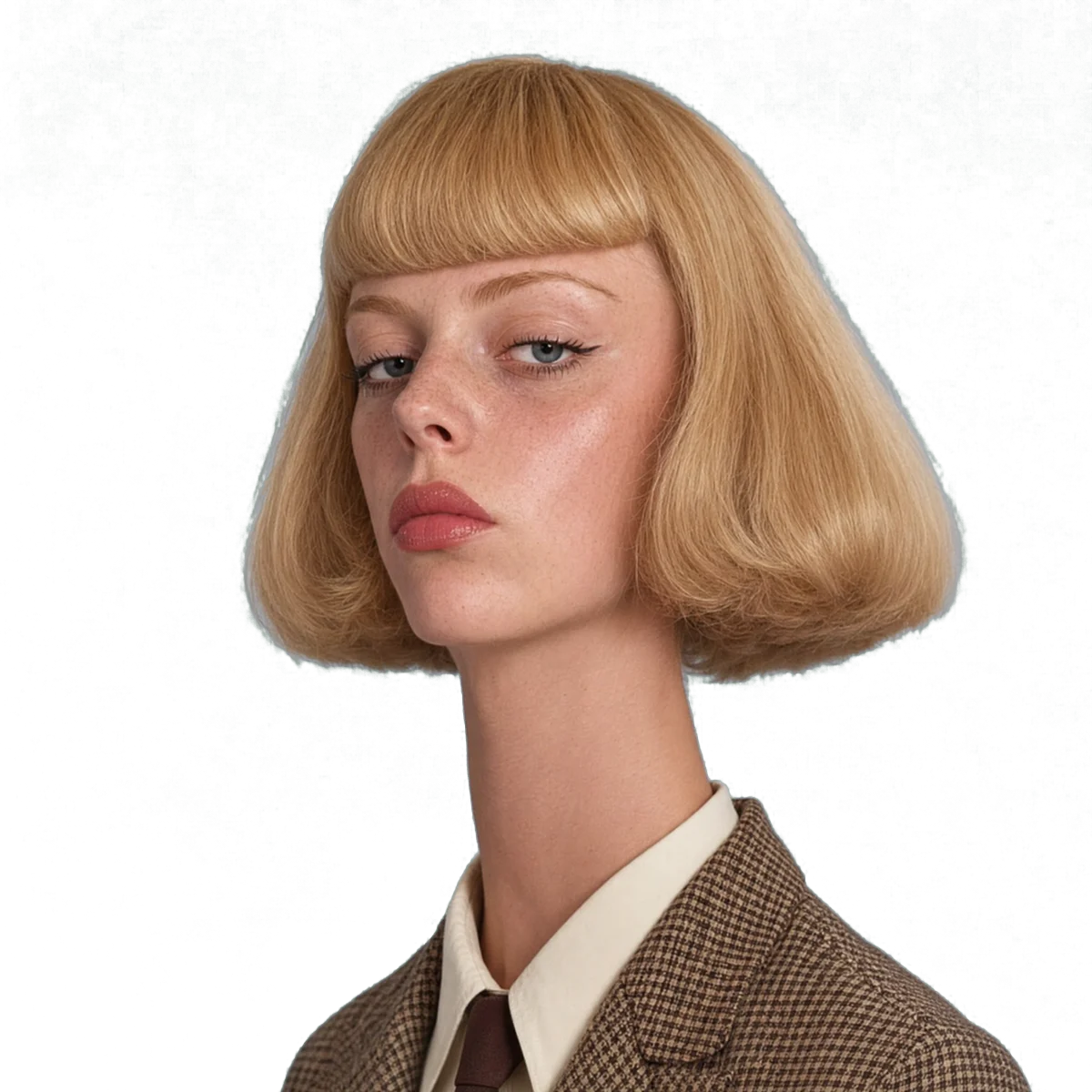 Julie Phil — blonde bob, tweed jacket